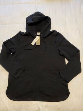 NEW Weekends by Chico’s Size 1 Black Plush Hooded Tunic 3/4 Sleeves CoziSoft